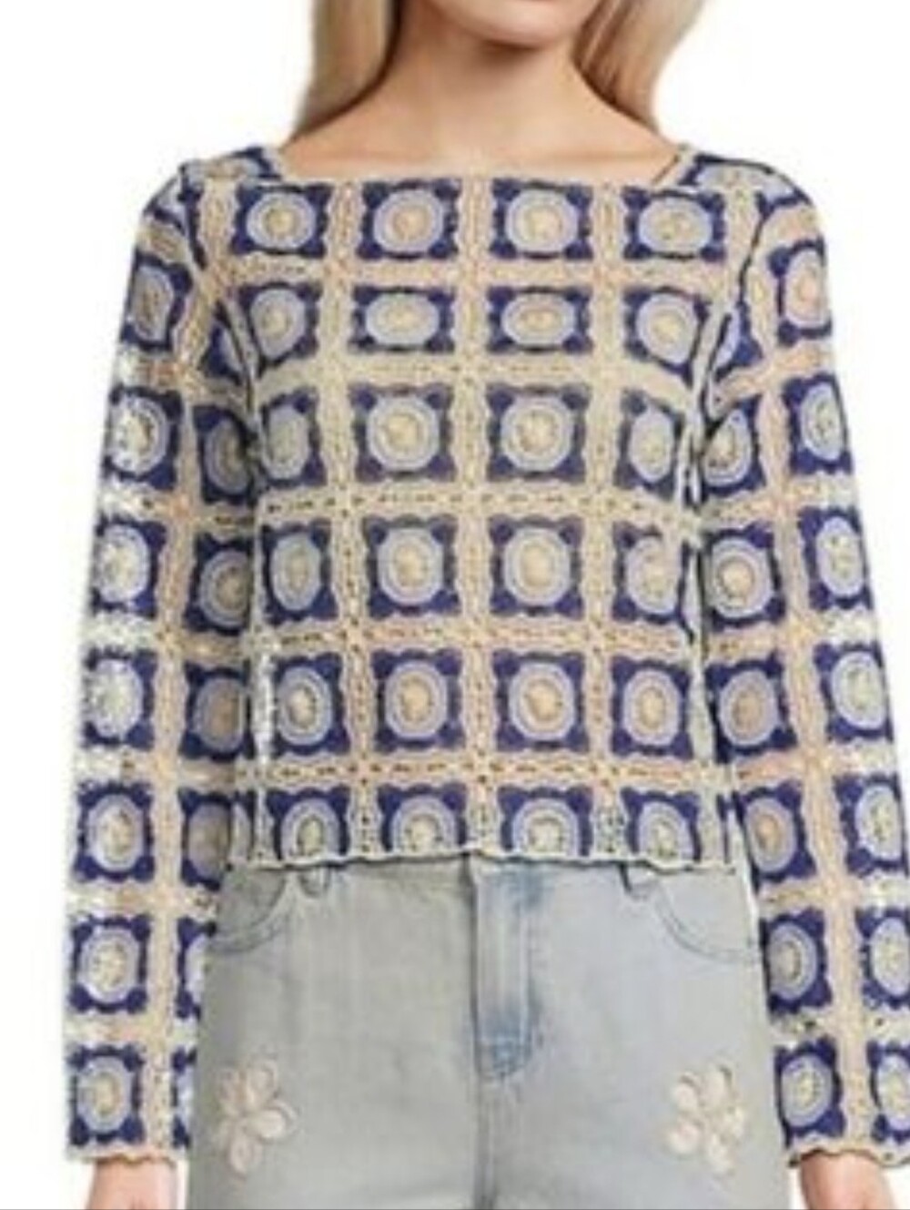 NWT Chelsea & Violet Cream and Blue Crochet Square-Pattern Long Sleeve Top Large